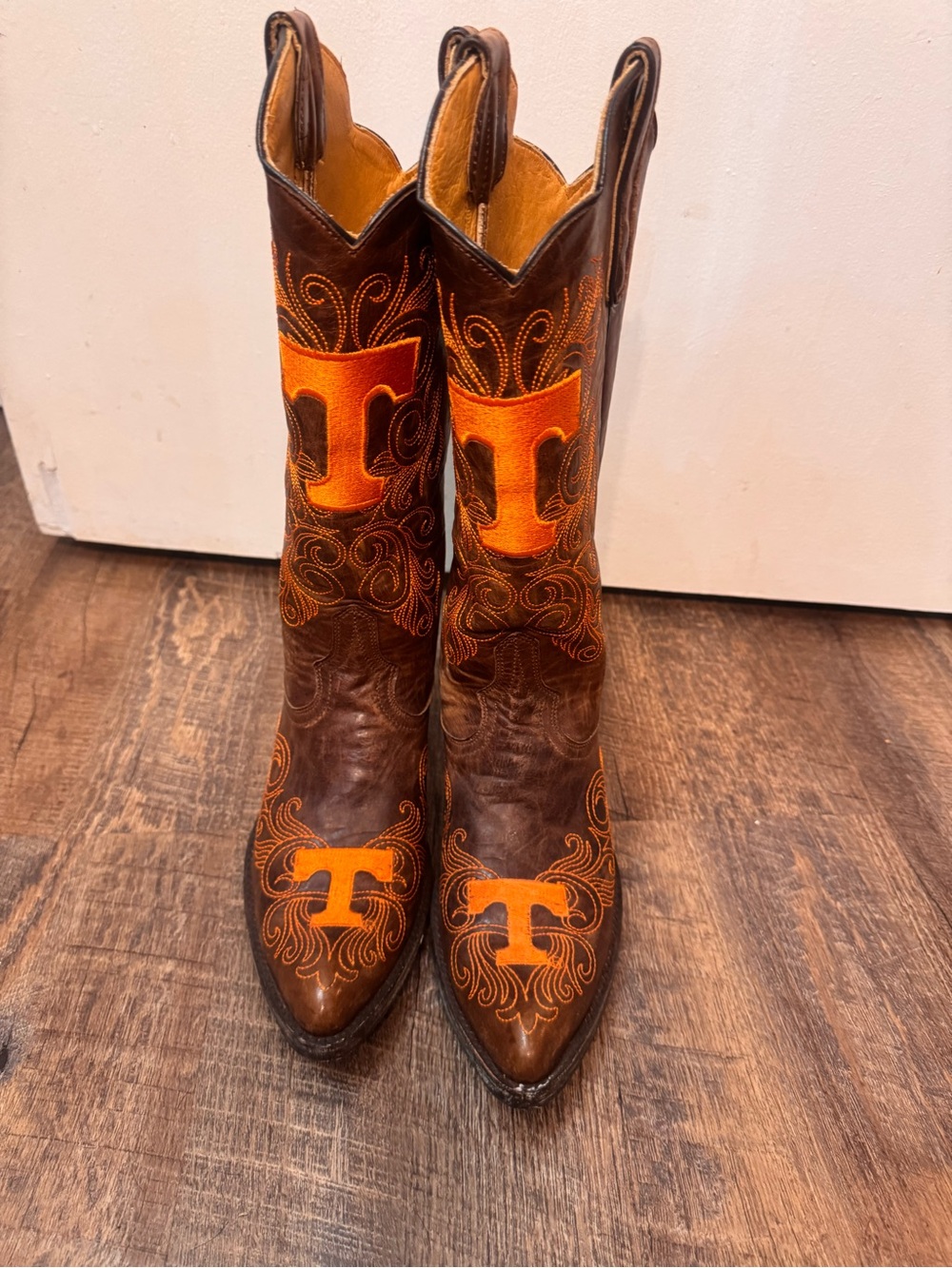 Women's Brown Leather Western Heeled Boots with Orange Embroidery